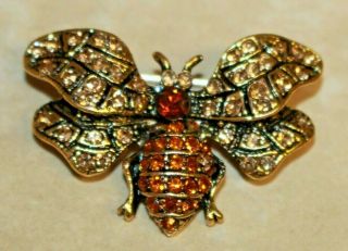 Gold Tone & Amber Orange Pave Rhinestone Bumble Bee Pin Brooch Figural Bug Vtg