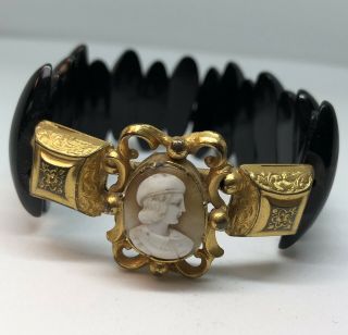 Antique Victorian Whitby Jet,  Rolled Gold Cameo Link Bracelet.