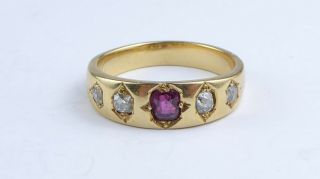 Antique 18ct Solid Yellow Gold With Diamonds And Ruby Gypsy Ring Size N 5.  6g