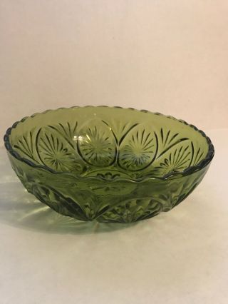 Vintage Dark Green Glass Serving Or Fruit Bowl Diamond Cut W/ Starburst Bottom