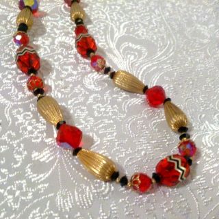 Vintage Red Glass And Gold Bead Necklace