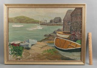 1927 Antique Theophile Schneider Fishing Boat Harbor Maritime Oil Painting Nr