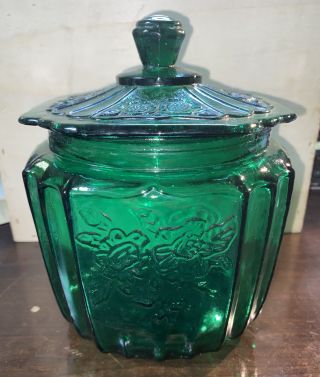 Vintage Emerald Green Anchor Hocking Glass Candy Dish W/ Lid