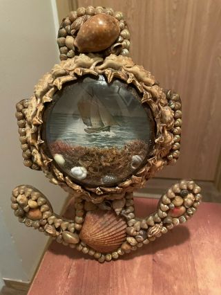 1800s Sailors Valentine Victorian Shell Art Anchor Bubble Glass Seashell Frame