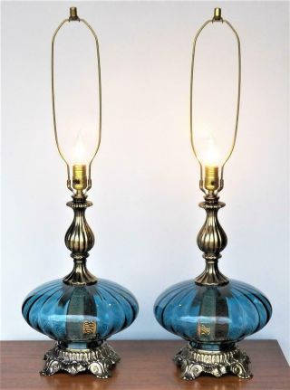 Pair Mid Century Blue Italian Blown Glass Table Lamp Hollywood Regency Glam