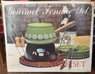 Vintage Mid Century Modern / Avocado Green Gourmet Fondue Set - Made In Japan