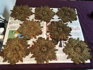 8 Unusual Antique Architectural Distressed Painted Cast Iron Flowers.  Plaques