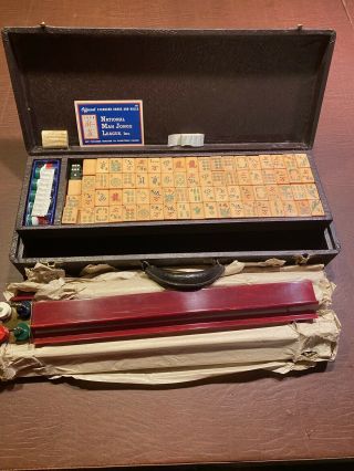 Antique Mjsa Bakelite Mahjong Set 148 Tiles,  5 Racks,  2 Green Dice,  1958 Card