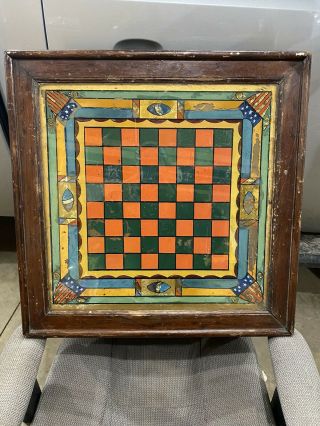 Antique Reverse Painted Chess Checker Game Board Military Look