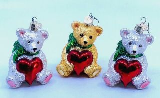 3 Old World Christmas Vintage Teddy Bear Heart Ornament Glitter Owc