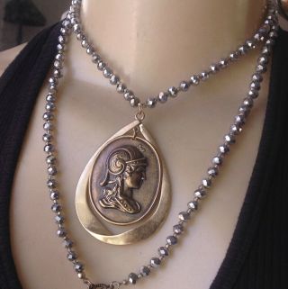 Vintage Necklace Art Nouveau Revival Warrior Goddess Pendant Foil Crystal Beads