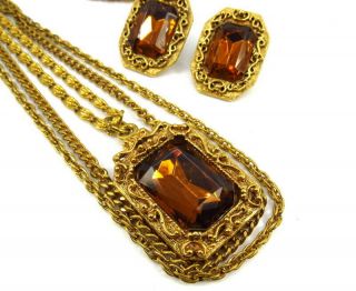 Vintage Layered Topaz Rhinestone Necklace Earrings Set