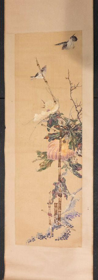 Antique Chinese Silk Embroidered Embroidery Scroll Painting Birds Gourds Unsign