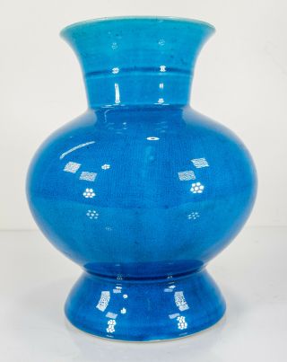 Antique Chinese Ming Style Zun Shaped Bright Blue Turquoise Glazed Vase Crackle 2