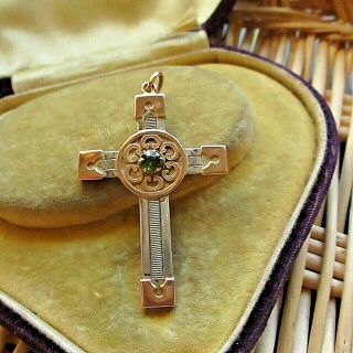 Antique Arts & Crafts Silver & Rose Gold Cross With Tourmaline