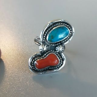 Vintage Sterling Turquoise And Coral Red 1 3/4 Inch Long Size 9
