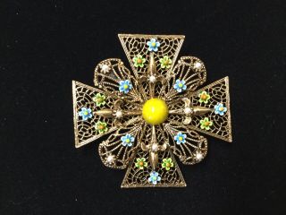 Vintage High End Signed Art Maltese Cross Enamel Pin Brooch Estate Jewelry