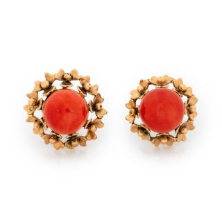 Antique Vintage Nouveau 14k Gold Chinese Qing Dynasty Momo Coral Stud Earrings 2