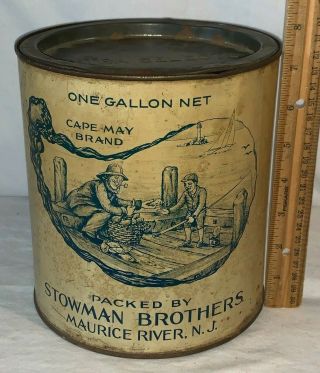 Antique Captain Jack Cape May Maurice River Nj 1gal Tin Litho Oyster Can Seafood