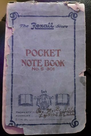 Vintage " Rexall Store " Pocket Notebook Handwritten Diary