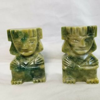 Pair Vintage Hand Carved Green Stone Small Tiki Mayan Aztec Figures