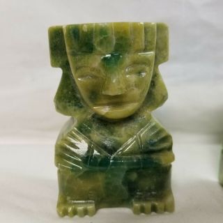 Pair Vintage Hand Carved Green Stone Small Tiki Mayan Aztec Figures 2