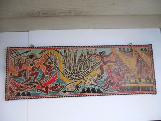 Vintage Palau Storyboard With Crocodile Attack Wooden Carving 31 3/8 " X 10,  5 "