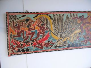 VINTAGE PALAU STORYBOARD WITH CROCODILE ATTACK WOODEN CARVING 31 3/8 