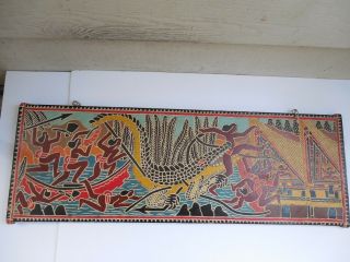 VINTAGE PALAU STORYBOARD WITH CROCODILE ATTACK WOODEN CARVING 31 3/8 
