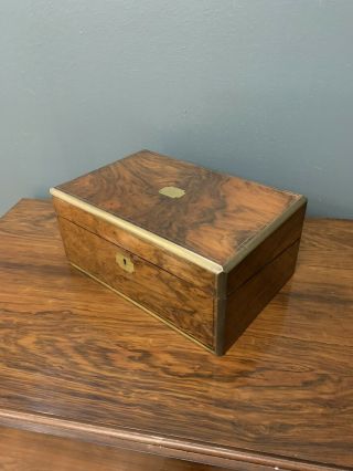 Stunning Antique Victorian Burr Walnut & Brass Bound Writing Slope / Box / Desk