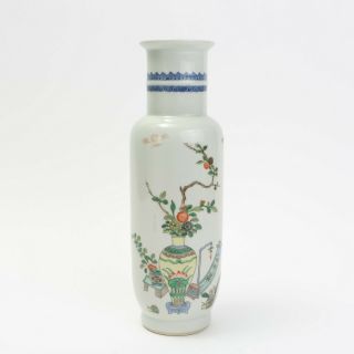 Antique Chinese Wucai Rouleau Vase,  Kangxi Mark,  Qing Dynasty,  19th Century