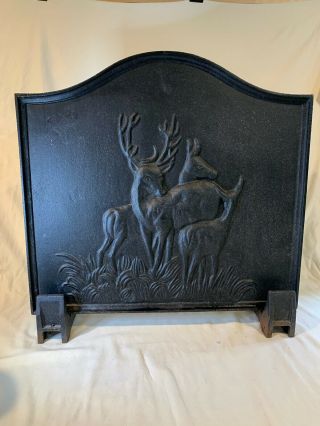 Vintage Solid Cast Iron Fireplace Screen With Stands Stag Doe Fawn A765