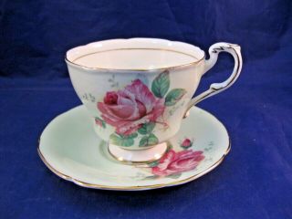 Vintage Paragon Tea Cup And Saucer - Double Warrant Cabbage Rose - Pale Green