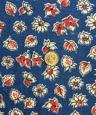 Vintage Partial Feed Sack Red & White Flowers On Lovely Blue 23 " X 15 "