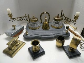Antique Gilt Bronze & Marble Ink Stand Desk Set Quality Victorian