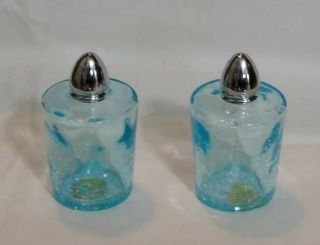 Vintage Mid Century I W Rice Blue Crackle Glass Salt And Pepper Shakers Vgc