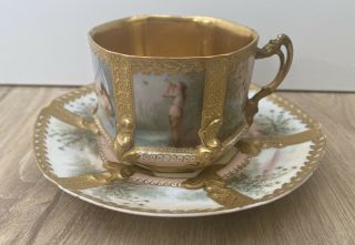 Antique Limoges France Porcelain Tea Cup & Saucer Signed De Solis Nude Painting