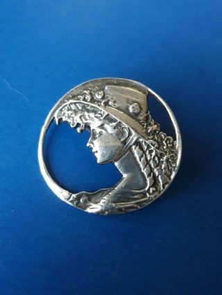 Vintage Sterling Silver 925 Art Nouveau Style Lady W/hat Brooch Pin Pendant
