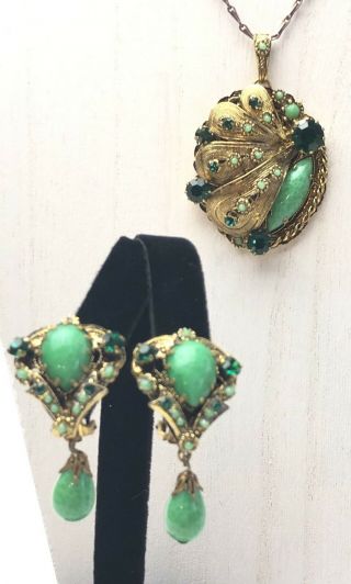 African Jade And Emerald Rhinestone Vintage Pendant And Earrings Set