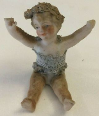 Antique Vintage Miniature 2 " Bisque Sitting Baby Doll Painted Face Clothes