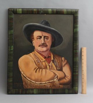 Antique Folk Art Pawnee Bill Wild West Show American Cowboy Portrait Painting