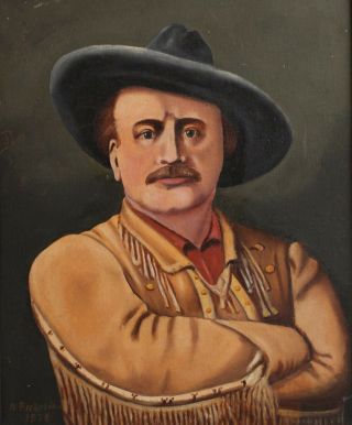 Antique Folk Art PAWNEE BILL Wild West Show American Cowboy Portrait Painting 3