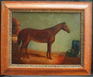 19th Century Chestnut Bay Horse In Stable Portrait Antique Oil Painting