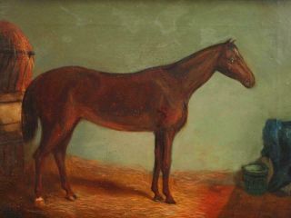 19th CENTURY CHESTNUT BAY HORSE IN STABLE PORTRAIT Antique Oil Painting 2