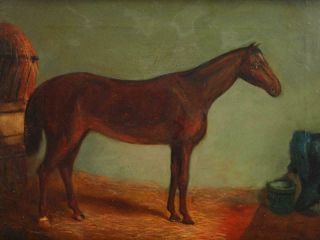19th CENTURY CHESTNUT BAY HORSE IN STABLE PORTRAIT Antique Oil Painting 3