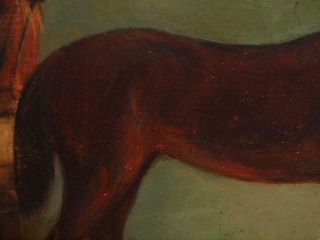 19th CENTURY CHESTNUT BAY HORSE IN STABLE PORTRAIT Antique Oil Painting 4