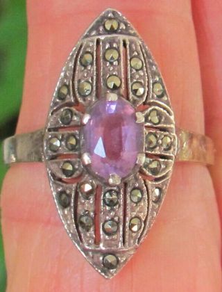 Vintage Sterling Silver Amethyst & Marcasite Art Deco Ring Signed R Size 8.  5