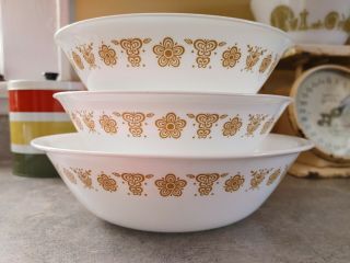 Vintage Corelle Butterfly Gold Serving Bowls.  1 Large And 2 Medium