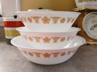 Vintage Corelle Butterfly Gold Serving Bowls.  1 Large And 2 Medium 3