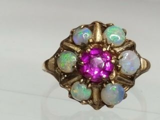 Antique Victorian 10k Yellow Gold Ruby & Opals Ring Stamped Priscilla